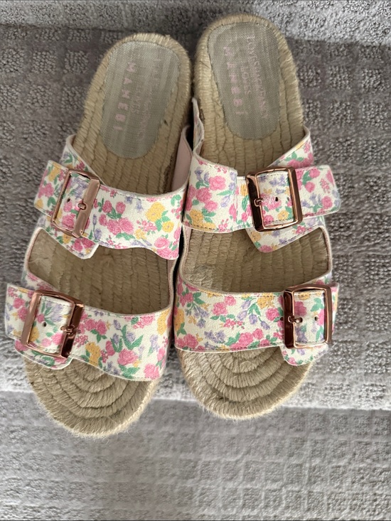 LoveShackFancy Shoes - LoveShackFancy Floral Double Buckle Espadrille Slide Sandals in Pink and Yellow